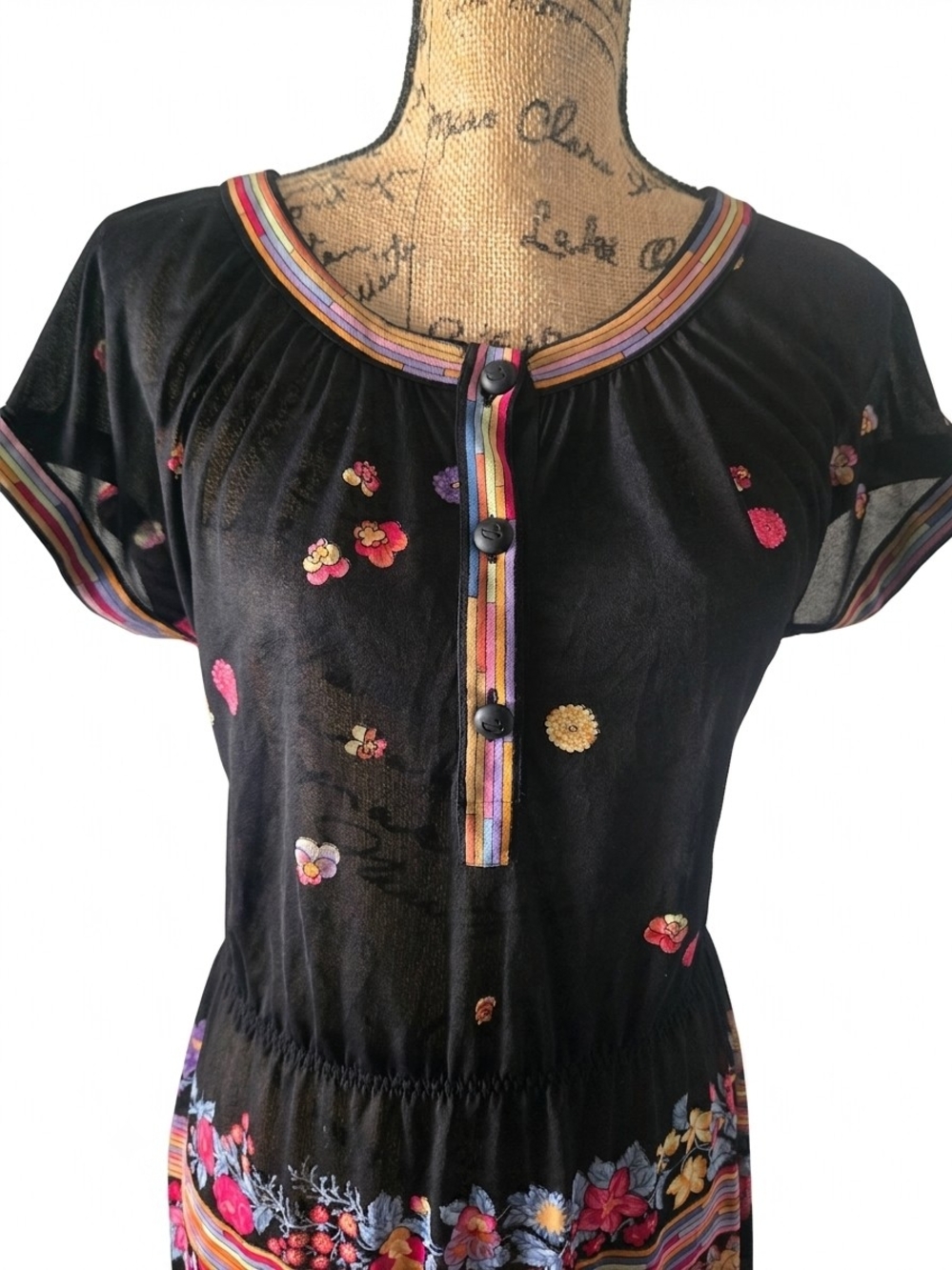 Black Floral Stripe Rainbow Sheer Mesh Short Sleeve Dress Small - Picture 2 of 7